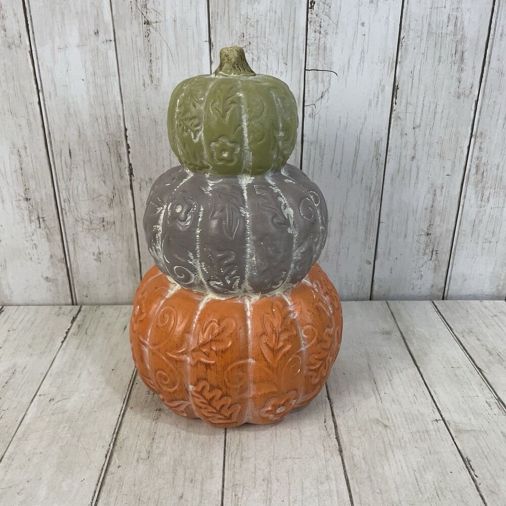 Stacked Terra Cotta Embossed Fall Pumpkins Autumn Decor Thanksgiving 12”